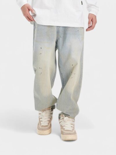 American High Street hand painted paint point washed light blue jeans men's straight loose wide leg harem trousers