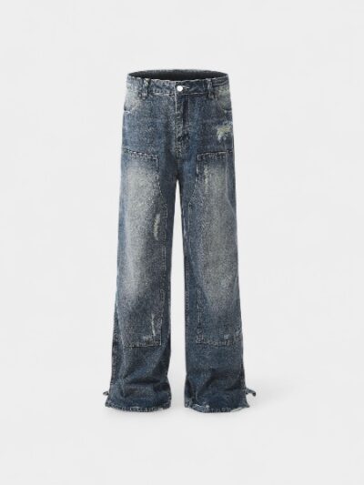 High Street Vintage Patchwork Washed Denim Jeans Straight Leg Torn American Style Youth Casual Cotton Blend Jeans