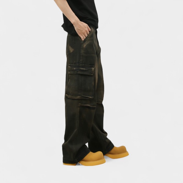 Nirben Denim | high street American retro multi-pocket frock jeans men's loose straight wide leg pants tide