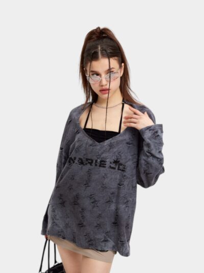 HeyHenry Pure Desire Spice Girls' Long Sleeve Top with Strap and Hanging Neck Women's Early Spring New Loose Tank Top Two-Piece T-Shirt