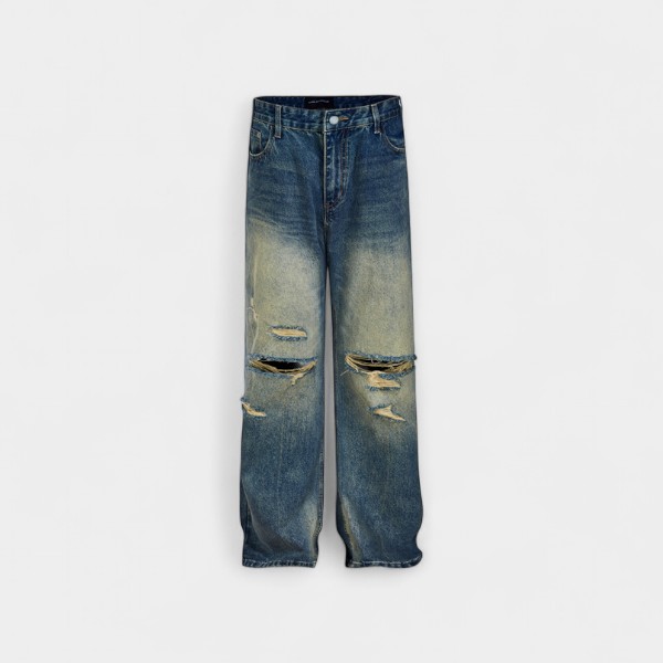 MADEEXTREME Vintage Nostalgic Washed Ripped Cat Whiskers Yellow Mud Waste Soil Wind Straight Trousers Jeans for Men and Women