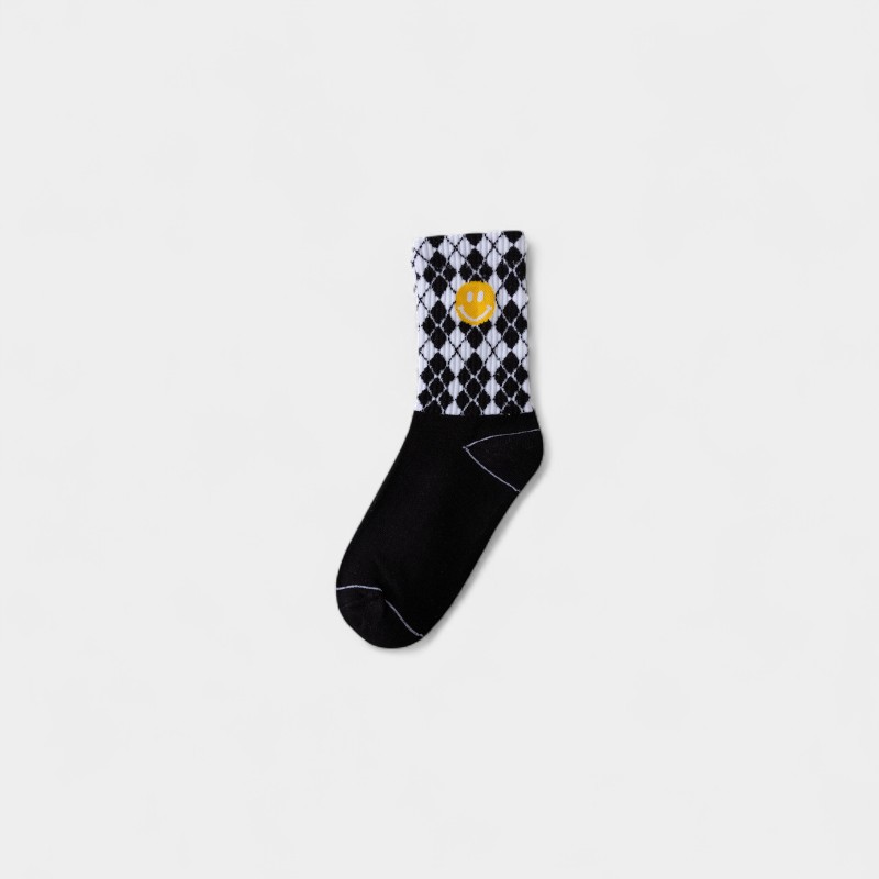 Zhuji socks women's socks mid-height autumn and winter ins tide stockings black square smiley face cartoon step into the product