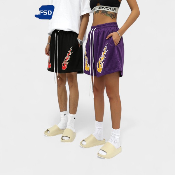 RFSD Men's Wear | 2023 Summer New American Fashion Brand Hip Hop Embroidered Flame Casual Shorts Men's Wide Leg Pants