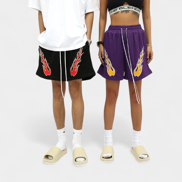 RFSD Men's Wear | 2023 Summer New American Fashion Brand Hip Hop Embroidered Flame Casual Shorts Men's Wide Leg Pants