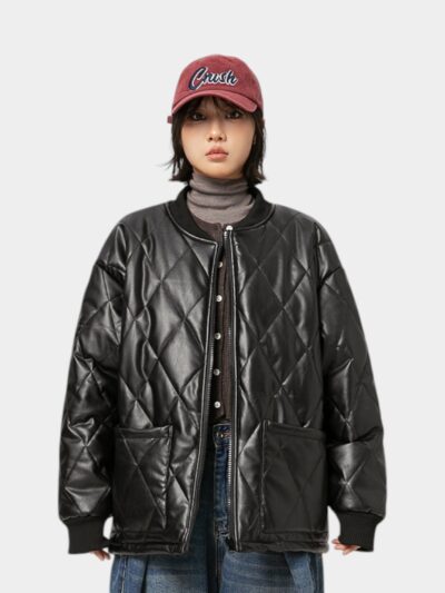 American retro PU leather diamond-shaped quilted cotton-padded jacket fashion brand High Street casual loose warm baseball jacket for men and women