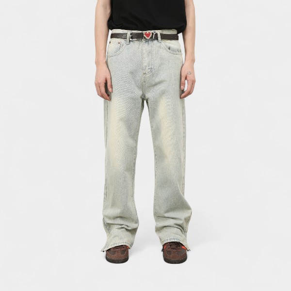 Nirben Denim | New American High Street Jeans Men's Loose Old Retro Washed Leg Zipper Pants