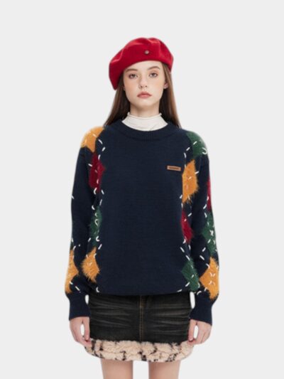 Women's Checked pattern Long sleeves Knitted Jumper