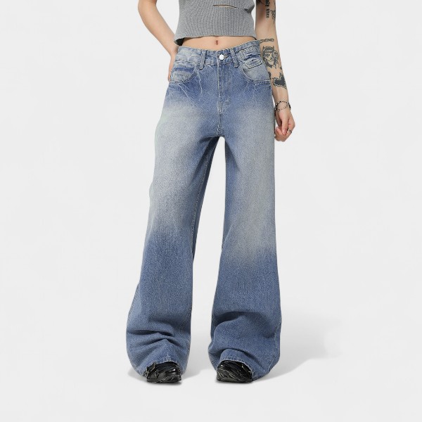 Gradient Washed Ice Blue High Street Straight Leg Jeans Men's CleanFit Drapey Retro Style Casual Cotton Denim Pants