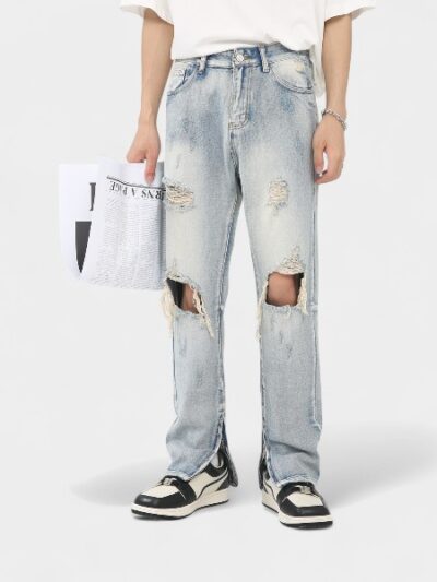nirben Cowboy | High Street Hole Men's and Women's Fashion Brand Hip Hop Retro Washed Zipper Scrapped Beggar Pants
