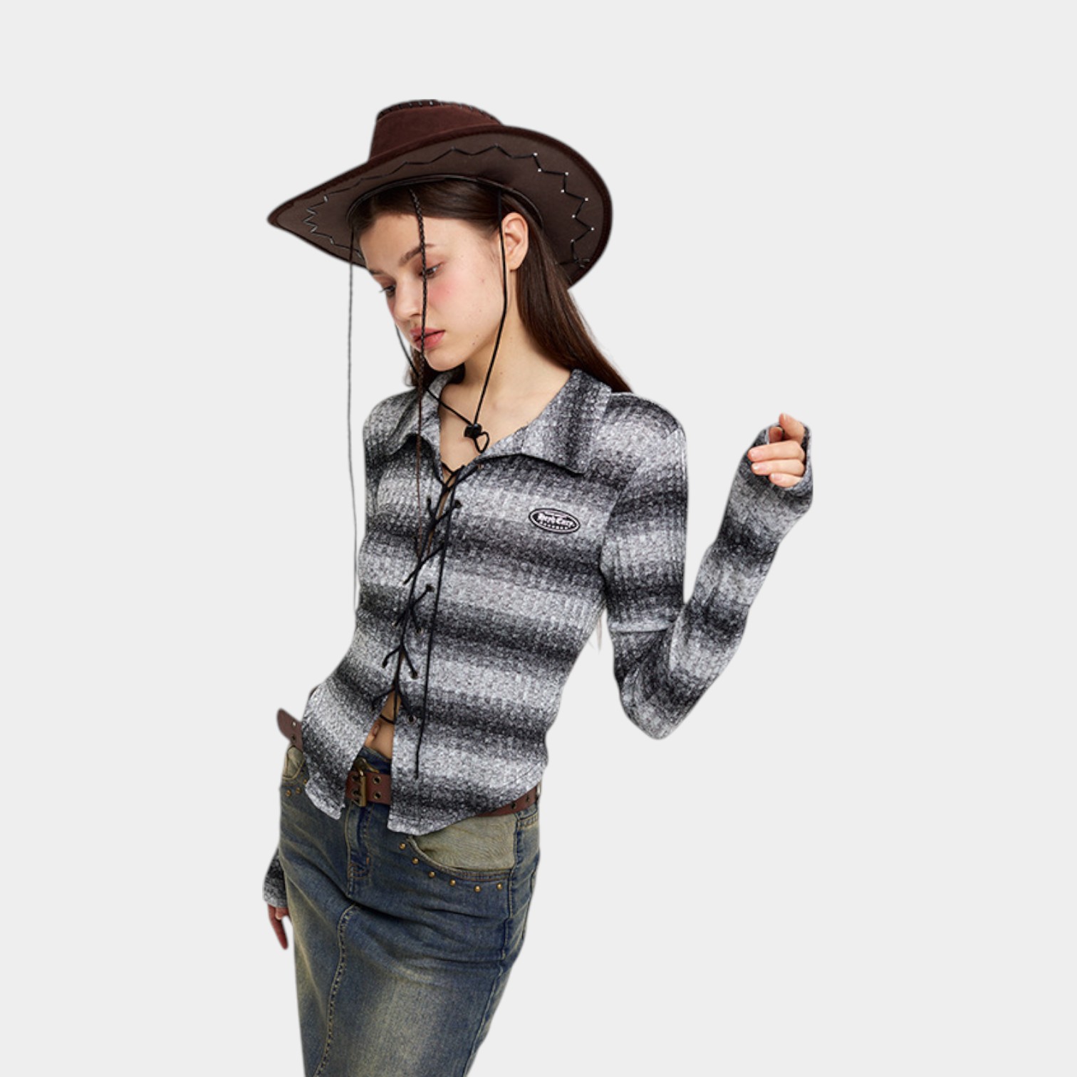 HeyHenry Design Sense Niche Short Striped Cross Strap Long Sleeve Top Slim-fit Slimming Shirt for Women Spring