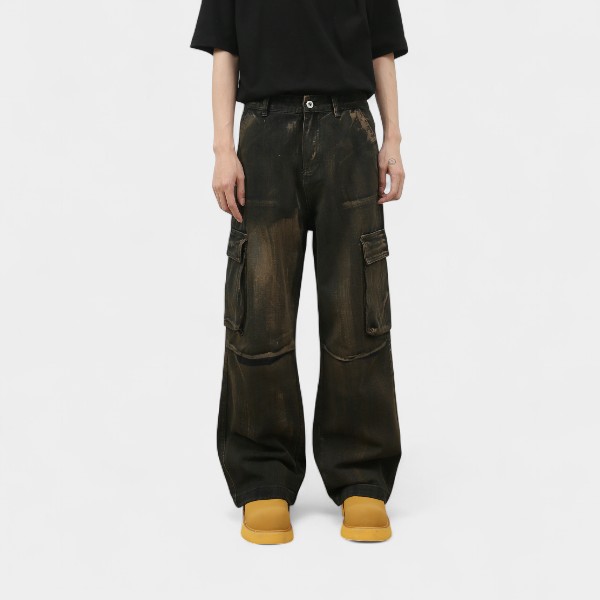 Nirben Denim | high street American retro multi-pocket frock jeans men's loose straight wide leg pants tide