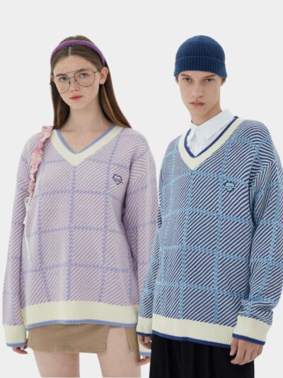 Unisex Checked pattern Long sleeves Knitted Jumper
