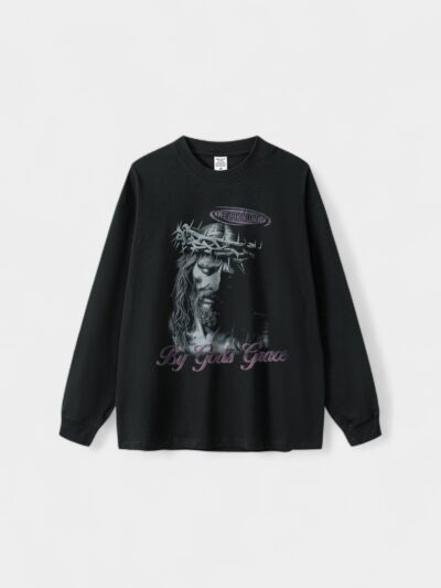 BE Men's 2024 Autumn and Winter Youth Loose Cross-border White Ink Digital Printing Washed Batik Long Sleeve T-shirt for Men