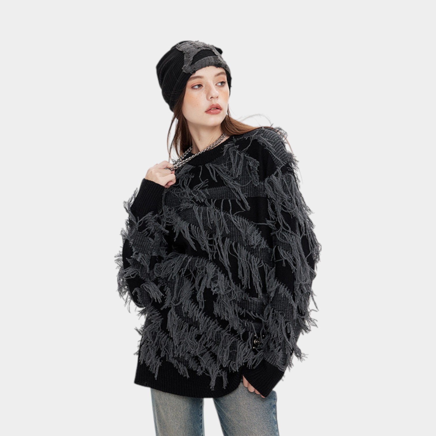 HeyHenry American high street design tassel jacquard sweater couple lazy loose sweater men and women ins