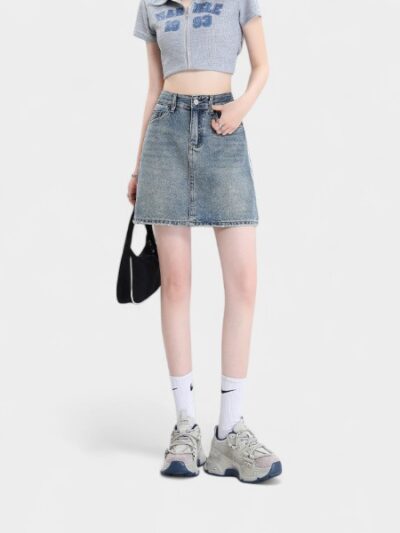 High Waist A-Line Mini Skirt Women's Denim Three-Color Weave Belt Summer Trendy Half-length Skirt Street Style Cotton Polyester Blend