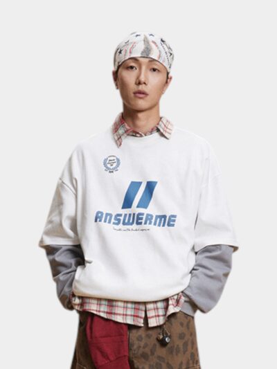 American Style Genderless Street Fashion Crewneck Fake Two-Piece Sweatshirt Loose Contrast Color Letter Print Sleeve Top