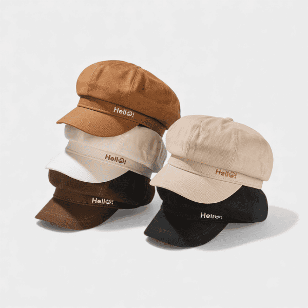 Smiley Face Hello Embroidered Octagonal Hat South Korea Autumn and Winter Temperament Retro Beret Girl's All-match Literary Newspaper Boy's Hat