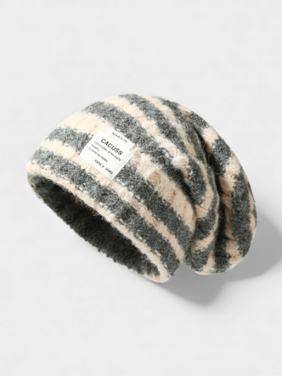 New Korean-style striped knitted hat women's autumn and winter thick warm face small pile hat big head circumference wool hat