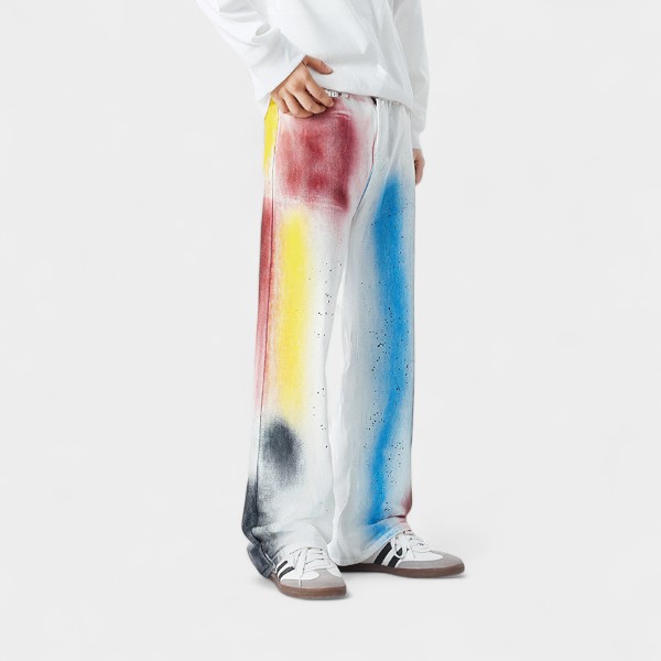 Color graffiti straight jeans men's autumn dopamine cool men and women wear loose design niche trousers