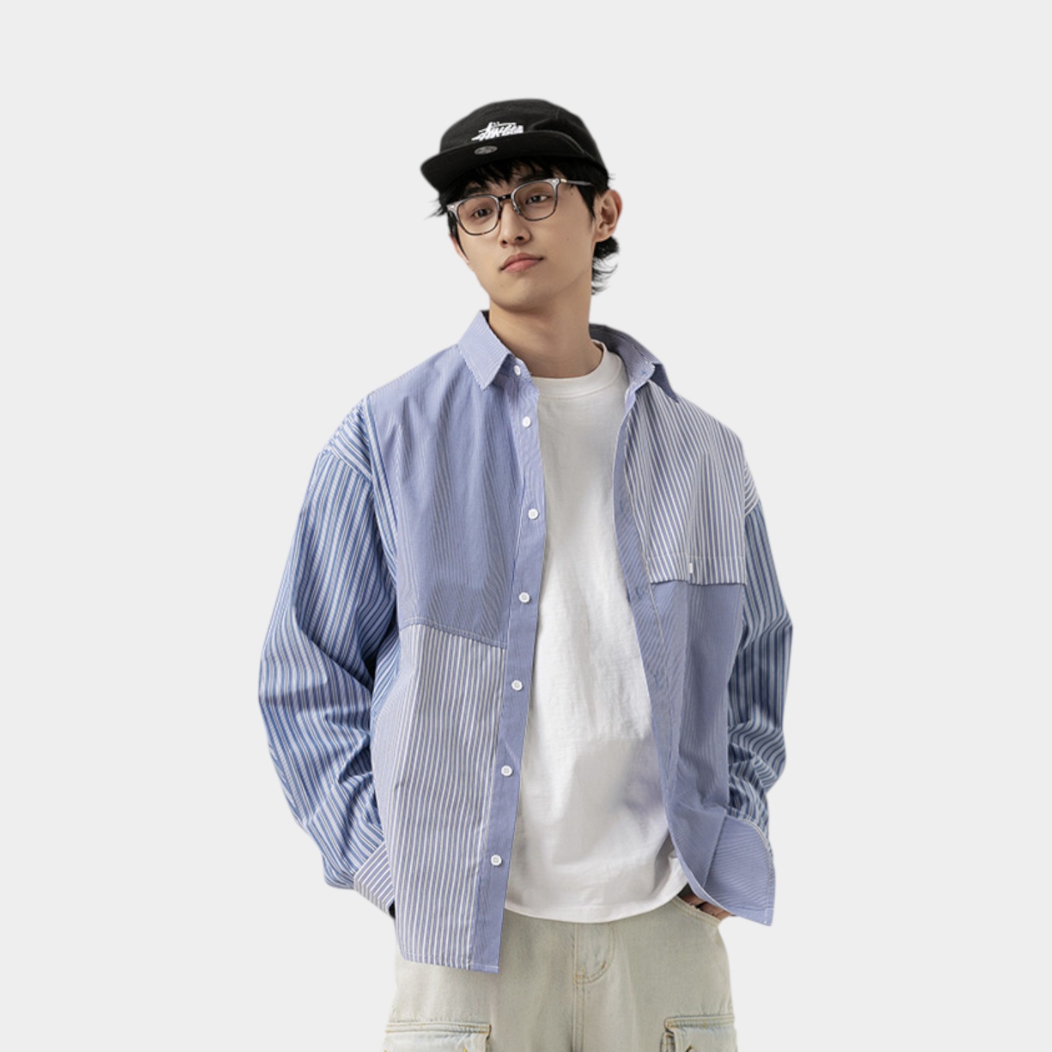 Daily commuter contrast color fashion brand stitching couple long-sleeved shirt spring and autumn men's and women's ins neutral style casual BF shirt