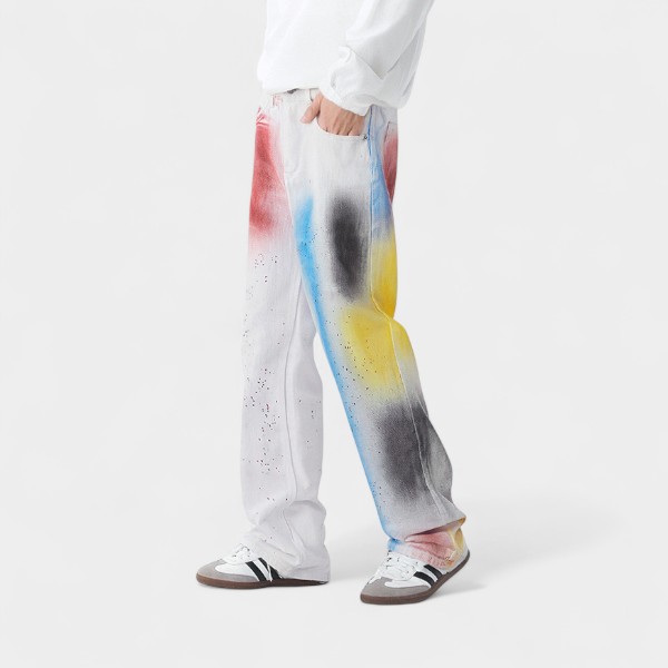 Color graffiti straight jeans men's autumn dopamine cool men and women wear loose design niche trousers