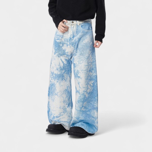 Customized jeans with gradient tie-dye and washed colors, loose-fitting, white washed radish wide-leg scimitar pants