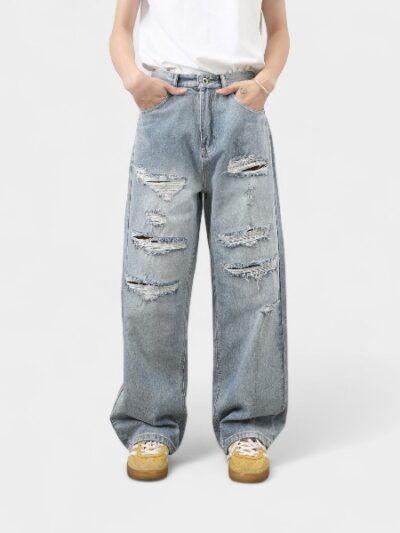 Nirben denim | American retro washed ripped jeans men's loose vintage high street trousers national trend pants