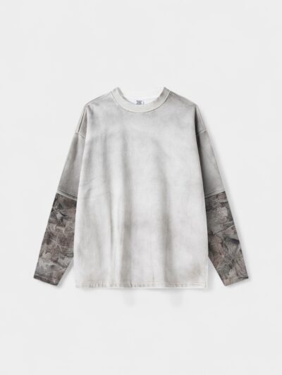 BE Men's Wear | 2025 Autumn European and American Trendy Brand Retro Spray Color Camouflage Contrast Color Fake Two-Piece Loose Long Sleeve T-Shirt Men's Trend