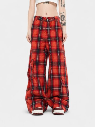 Oreeta丨American Retro Red Plaid Casual Pants for Men and Women with Elastic Waist Straight Casual Loose and Versatile Pants