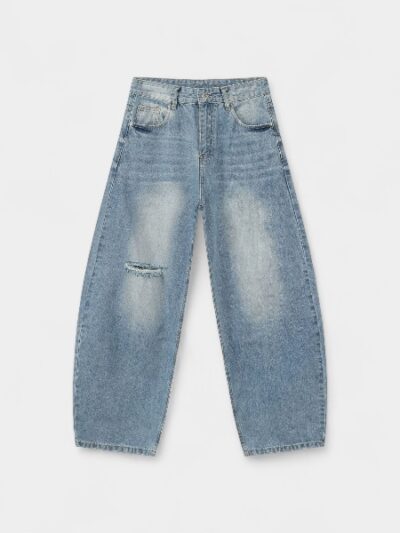 Nirben Denim | American Retro Scimitar Ripped Jeans Men's New Washed Design Sense Loose Wide Leg Pants