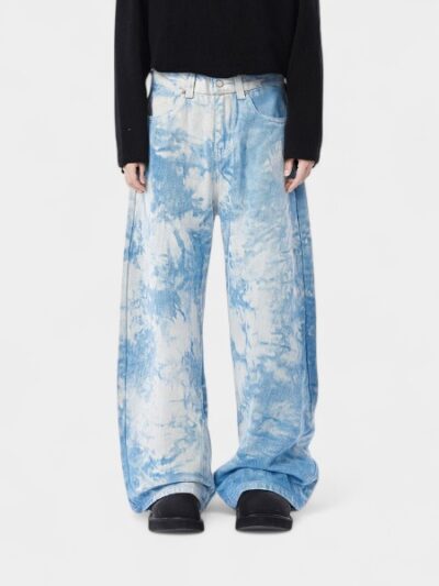Customized jeans with gradient tie-dye and washed colors, loose-fitting, white washed radish wide-leg scimitar pants