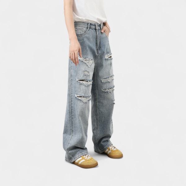 Nirben denim | American retro washed ripped jeans men's loose vintage high street trousers national trend pants