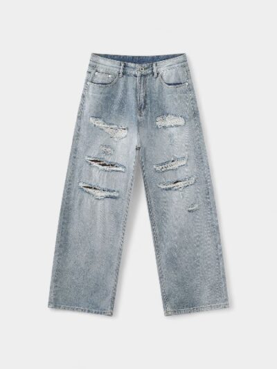 Nirben denim | American retro washed ripped jeans men's loose vintage high street trousers national trend pants